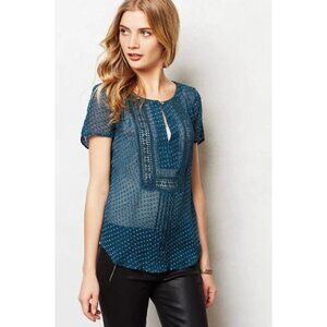 Anthropologie teal Grassland short sleeve sheer  blouse Silk blend size XS